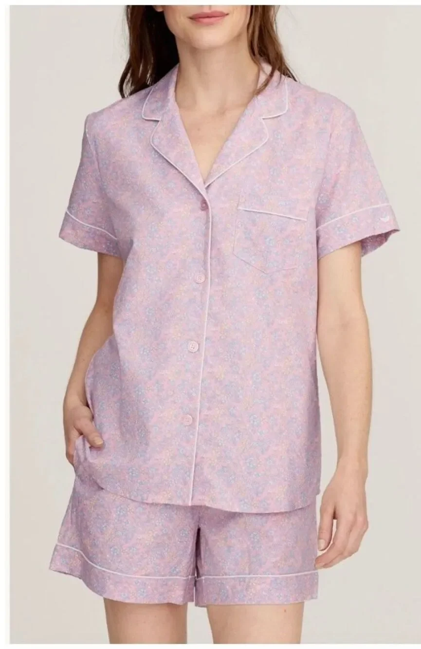 NEW Women's PETITE PLUME Pink Flowers Twill Short Pajama Set PJ's Size Small